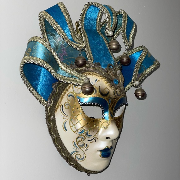 Teal and gold jester face mask - Picture 2 of 8